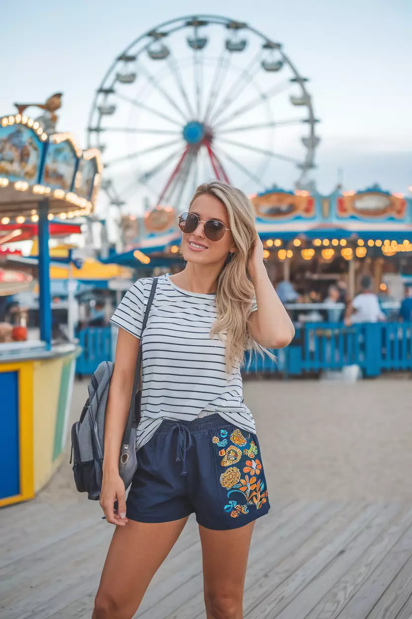 Bold Striped Tee and Navy Shorts A beautiful woman poses confidently, wearing a stylish striped tee with navy shorts, the outfit features graphic patterns in cheerful colors, she carries a casual backpack, lively beach boardwalk with colorful sights.