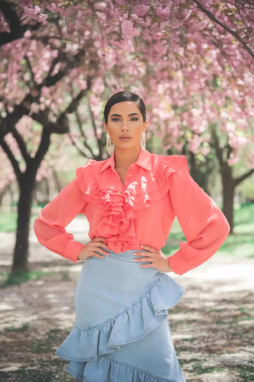 Coral Blouse and Light Blue Denim Skirt A beautiful woman poses confidently, wearing a stylish coral blouse paired with a light blue denim skirt, the outfit features delicate ruffles and vibrant colors, she wears statement earrings, sunlit park with cherry blossom trees surrounding her.