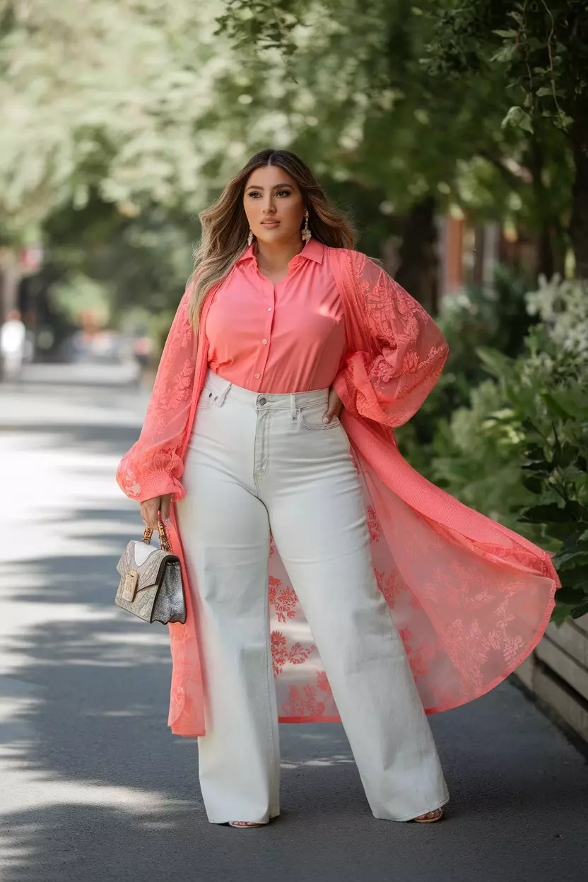 Coral Blouse and High-Waisted White Jeans A beautiful plus size woman poses confidently, wearing a coral blouse and high-waisted white jeans, the outfit features airy fabric and a bright color contrast, she carries a designer purse, sunlit urban street with greenery in the background.