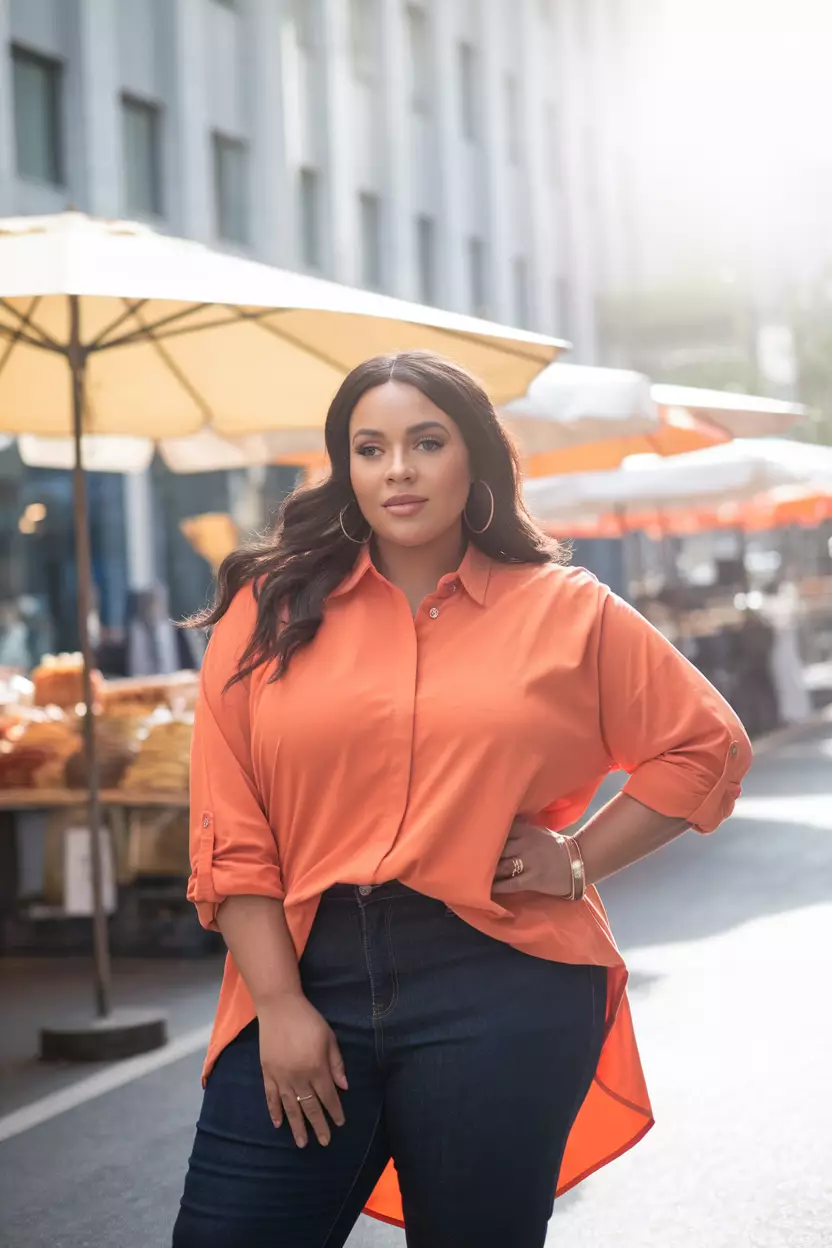 Bold Orange Tunic and Dark Wash Jeans A beautiful plus size woman poses confidently, wearing a bold orange tunic and dark wash jeans, the outfit features a vibrant hue and relaxed fit, she wears elegant jewelry, sunlit urban street with an open-air market.