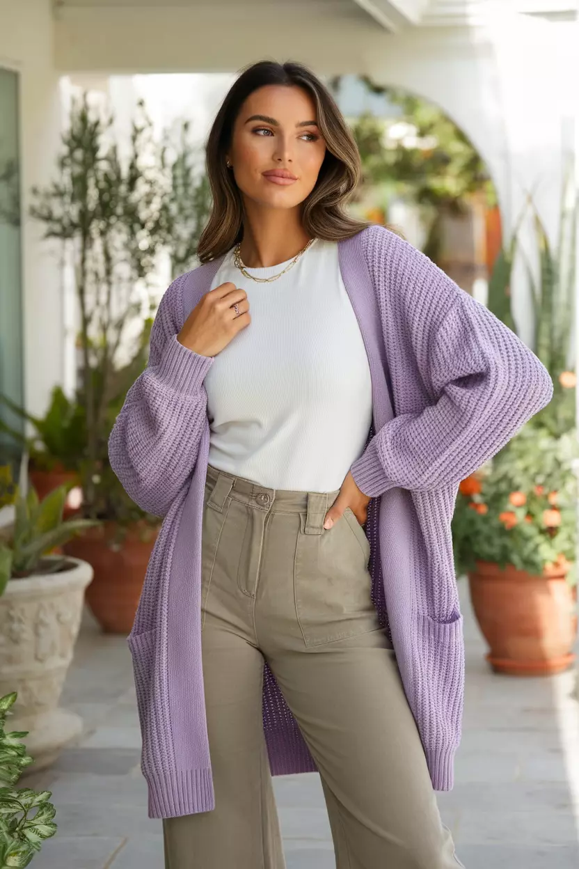 Lavender Cardigan and White T-Shirt with Khaki Pants A beautiful woman poses confidently, wearing a stylish lavender cardigan over a white T-shirt with khaki pants, the outfit features soft textures and a relaxed fit, she wears a delicate necklace, sunlit patio adorned with potted plants and greenery.