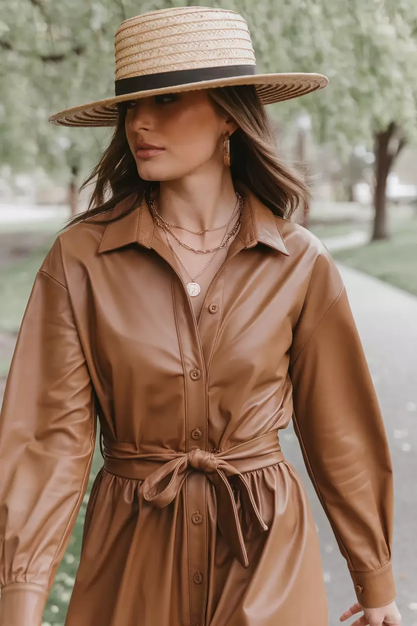 A close-up body shot of a beautiful woman wearing a brown washed faux leather button-up maxi dress, she wears layered necklaces, straw hat, walking along a park path with fresh green leaves