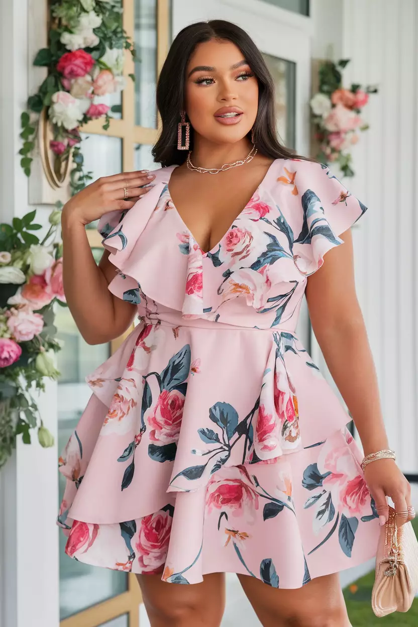 A beautiful plus size woman wearing a pink rose frill detail draped mini dress with floral accents, she has rose gold jewelry and nude heels, spring celebration with floral decorations