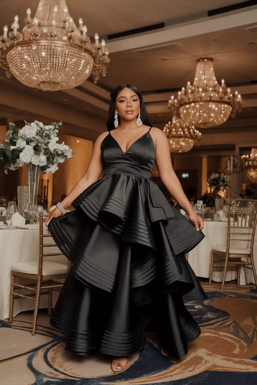 A beautiful plus size woman wearing a black satin frill layered maxi dress with cascading ruffles, she has pearl earrings and a crystal bracelet, luxury hotel ballroom with chandeliers
