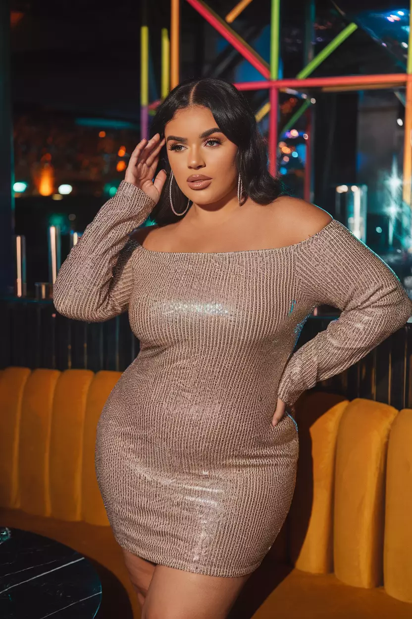 A beautiful plus size woman wearing a mocha sequin bardot bodycon dress that sparkles in the light, she wears minimal jewelry to let the dress shine, upscale nightclub setting with colorful lights