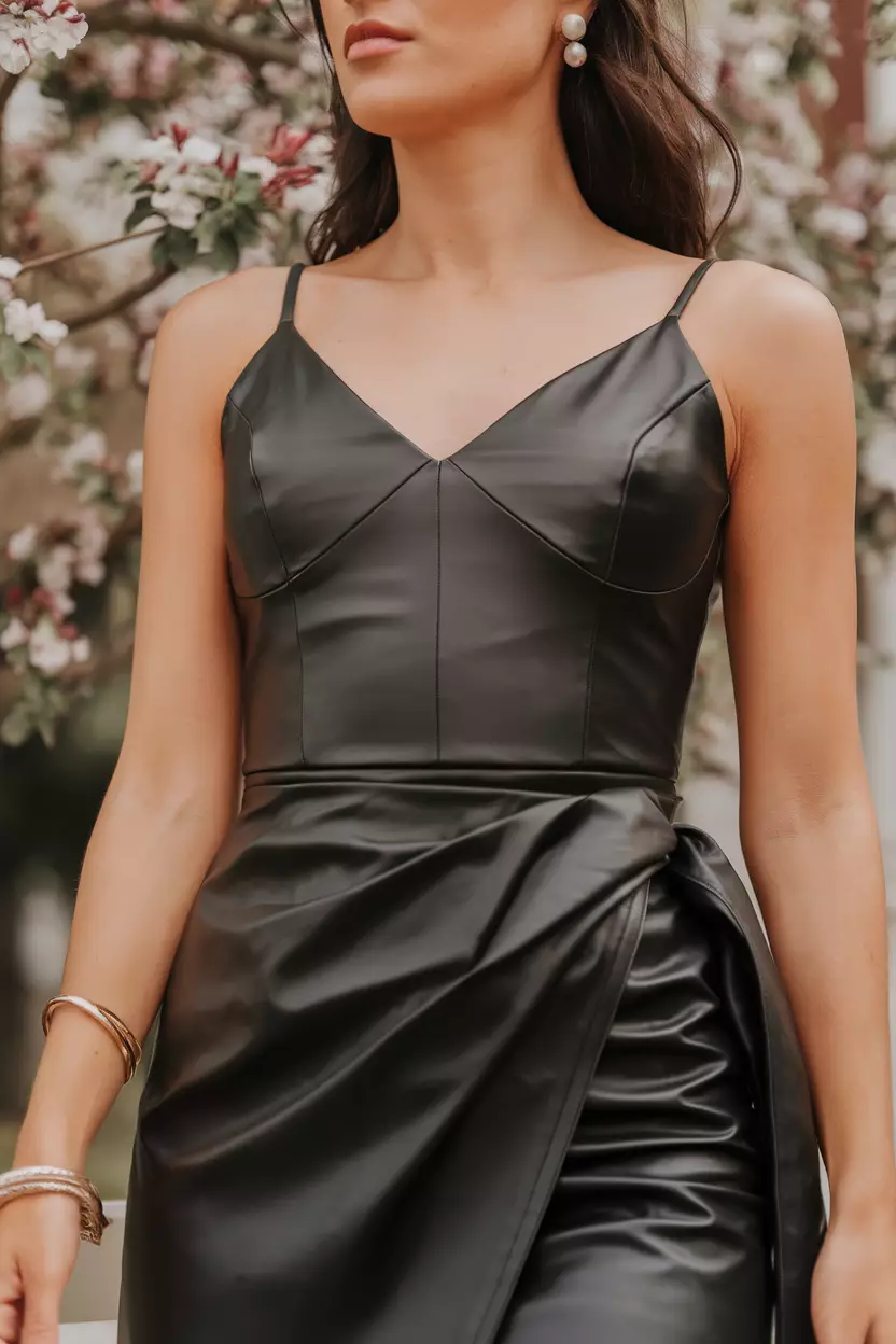 A close-up body shot of a beautiful woman wearing a black faux leather mini dress with wrap over skirt detail, she has thin gold bracelet, pearl earrings, flowering trees in the background