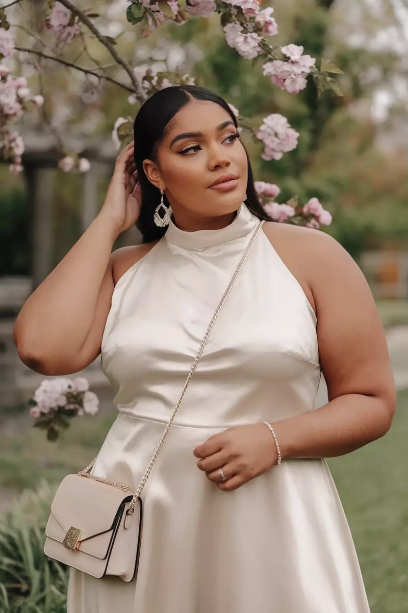 A beautiful plus size woman wearing a plus oyster satin high neck midaxi dress, she wears a crossbody bag, delicate silver earrings, and a simple bracelet, in a serene garden with blooming flowers.  