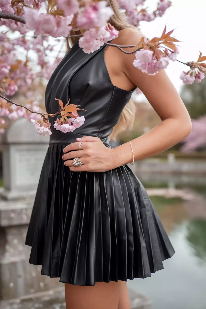 A close-up body shot of a beautiful woman wearing a black faux leather pleated asymmetric mini dress, she has statement ring, delicate bracelet, beside cherry blossoms in full bloom