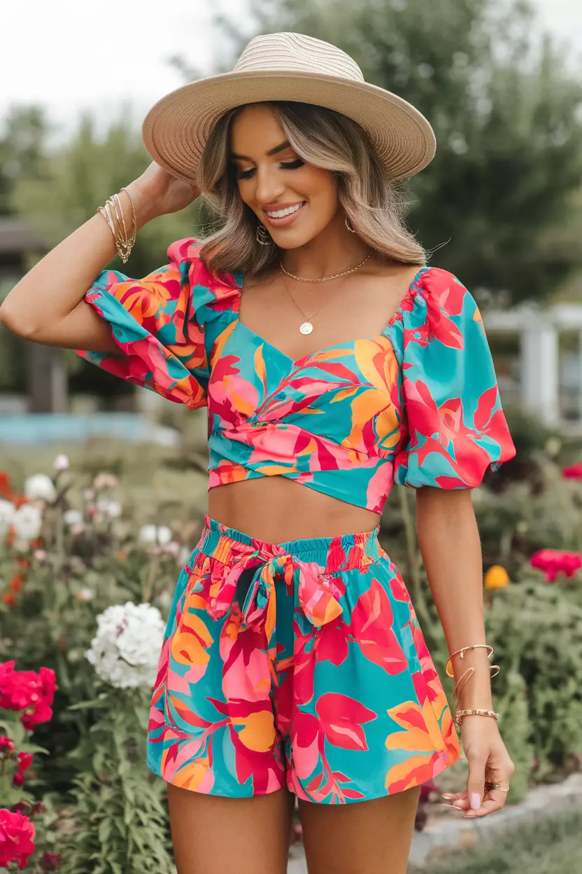 A beautiful woman in a stylish vibrant floral print matching set featuring a crop top and high-waisted shorts, she wears delicate gold bracelets, smiling in a blooming summer garden.