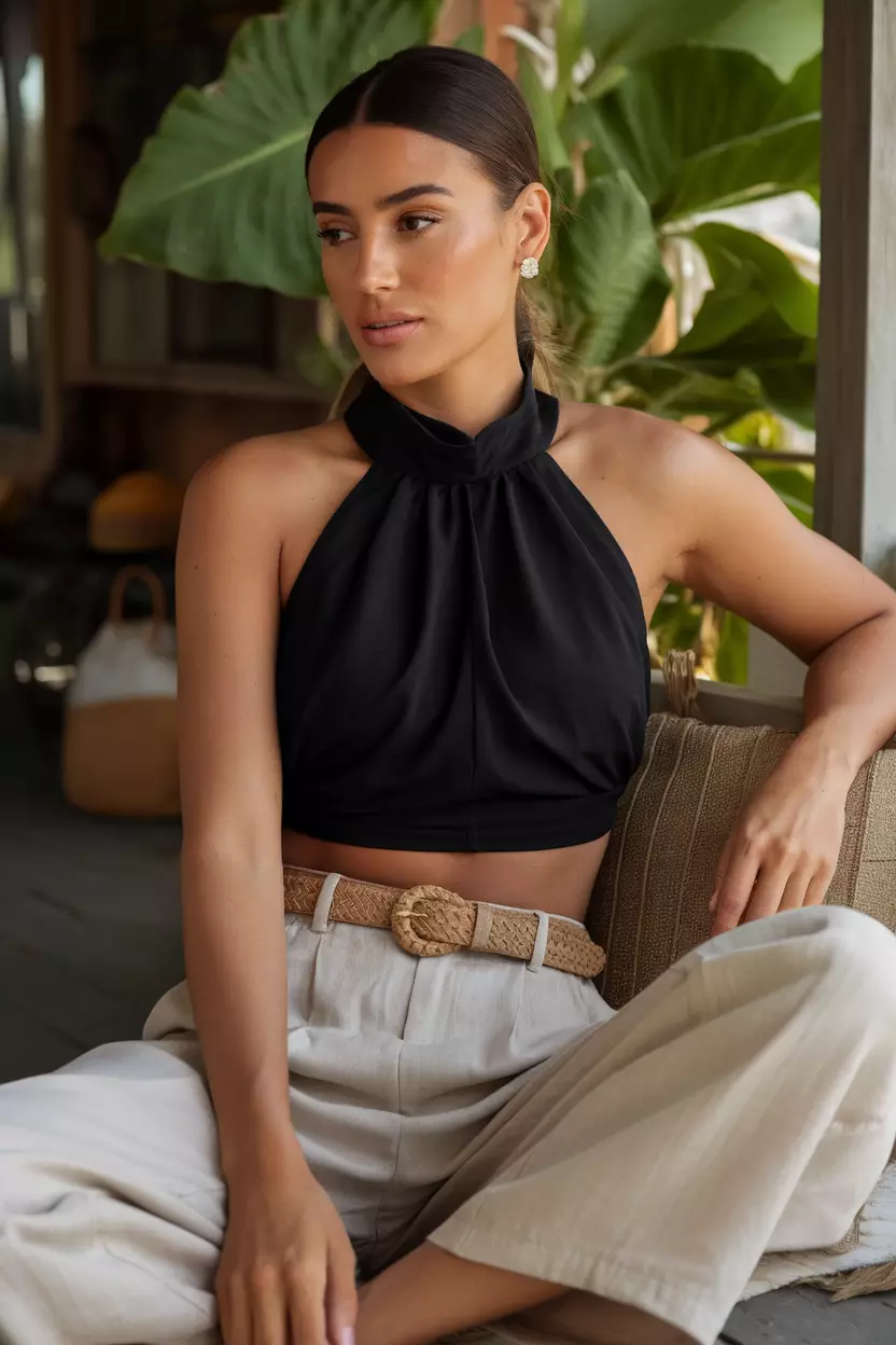 A beautiful woman in a stylish black halter neck crop top and beige linen pants, she wears simple stud earrings and a woven belt, relaxing on a shaded porch.