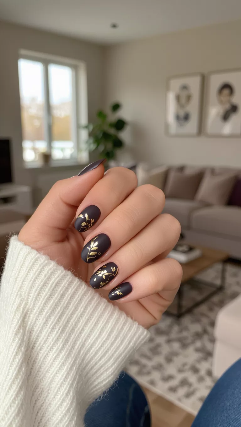 Close-up of a woman’s hand with five fingers showing nails, dark printed nails with subtle gold leaf accents, living room background.