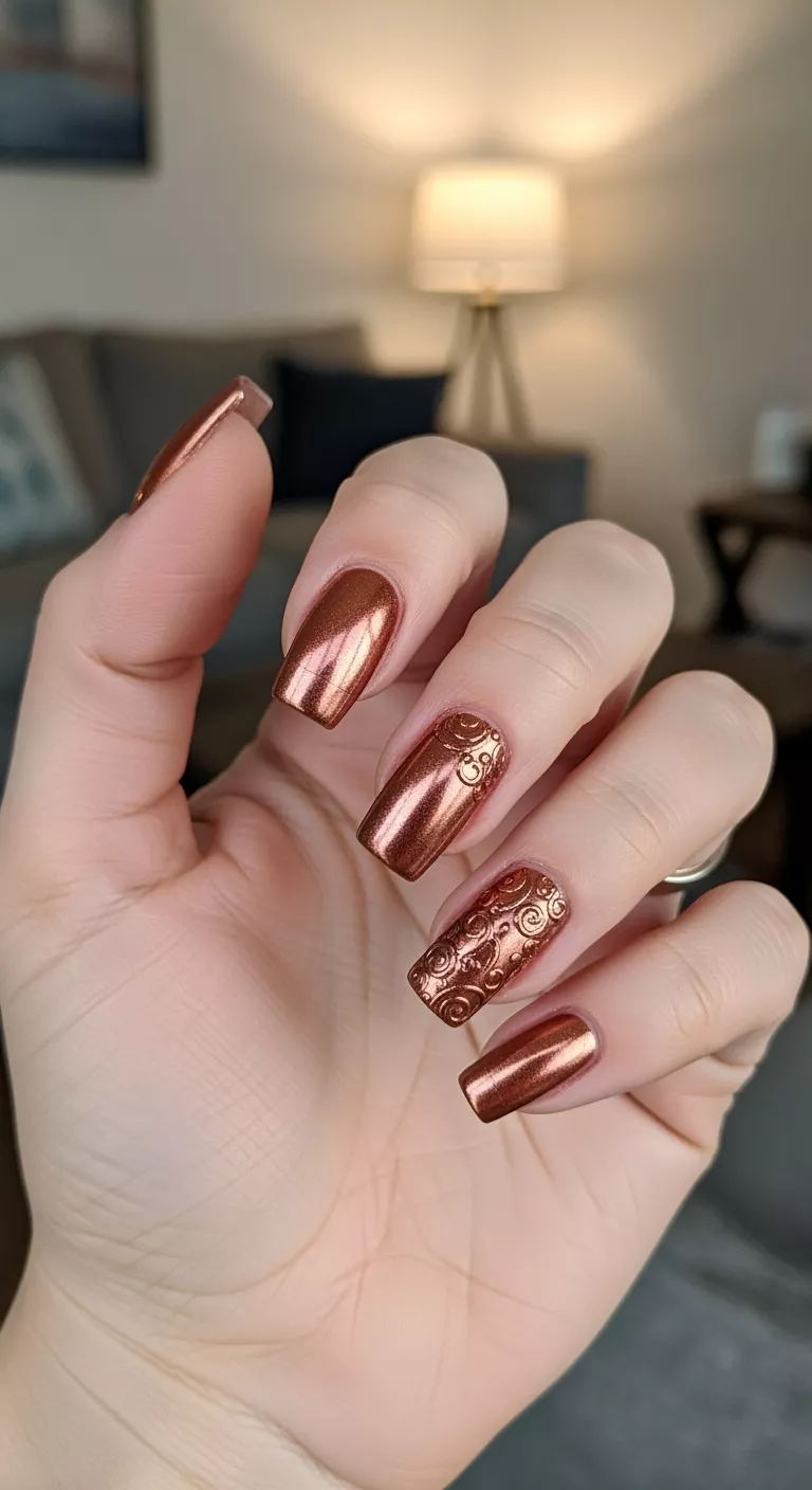 Close-up of a woman’s hand with five fingers showing nails with shimmering copper chrome accents, possibly on tips or as a design, living room background.