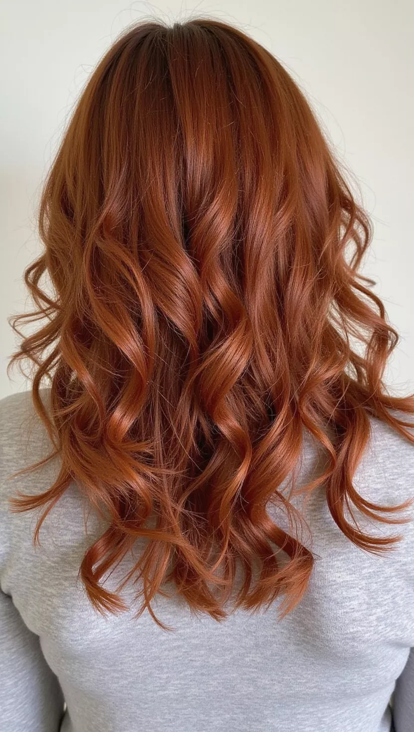A photo of a 29-year-old woman with a warm, coppery-brown colored curly mid-length hairstyle, back view.