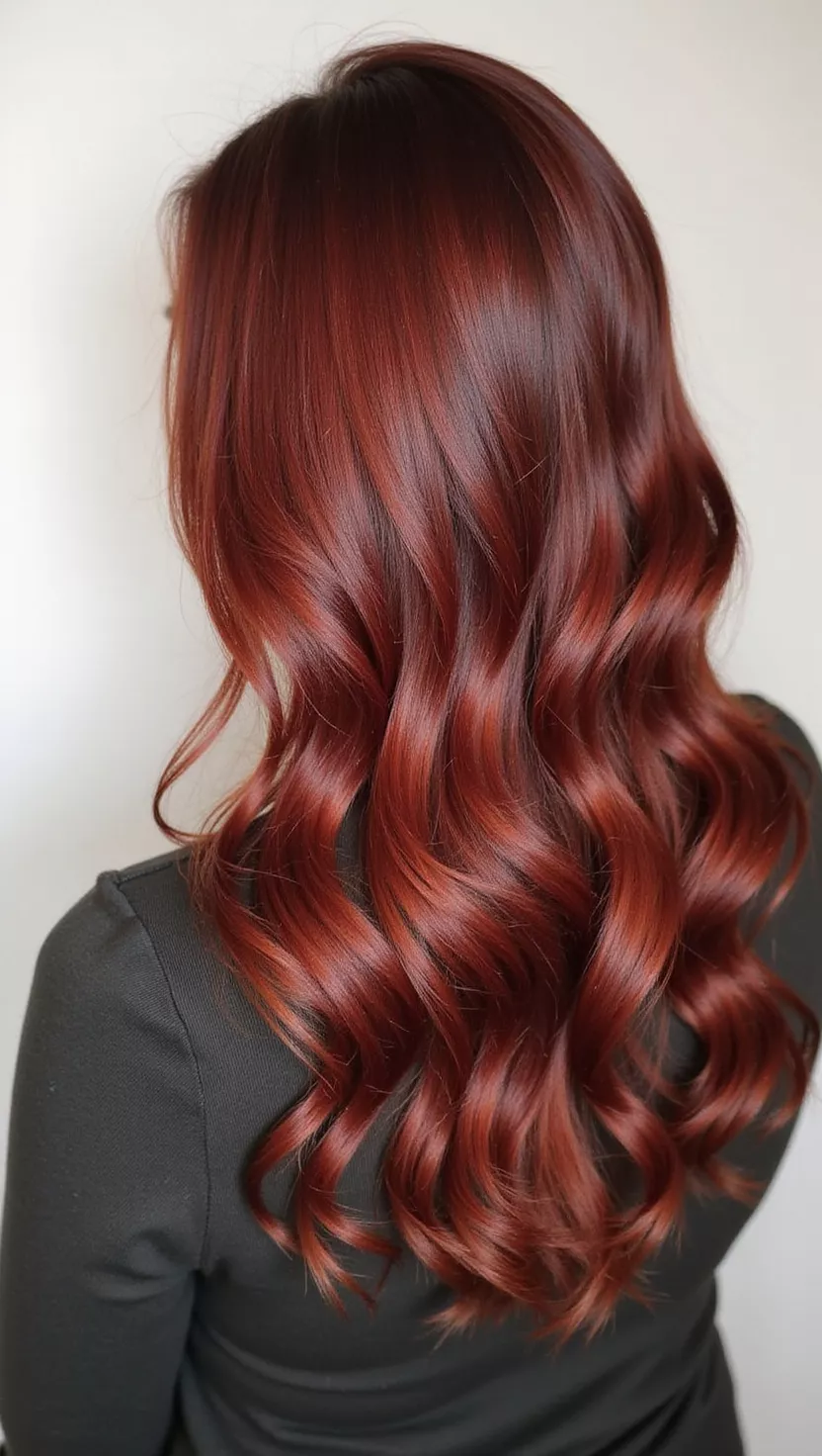A photo of a 35-year-old woman with a deep, rich reddish-brown hair color with copper undertones, colored straight long hair, back view.