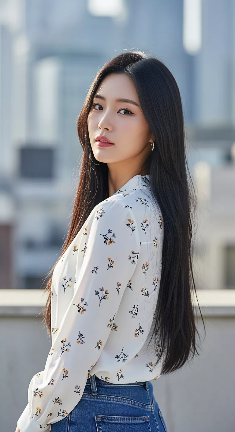 A 24-year-old woman with long sleek straight hair.
