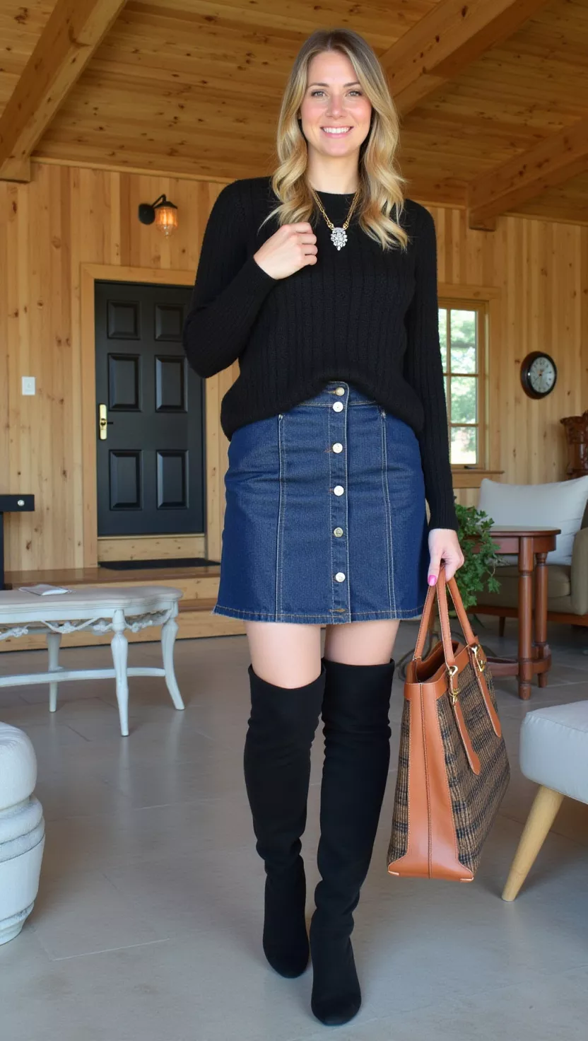 Black Cable Sweater, Blue Denim Button Skirt, Black Suede Over The Knee Boots, Brown Check Leather Tote Bag, Silver Brooch A beautiful woman in a black cable sweater, a blue denim button skirt, and black suede over the knee boots, she carries a brown check leather tote bag and wears a silver brooch, a cozy countryside lodge background.