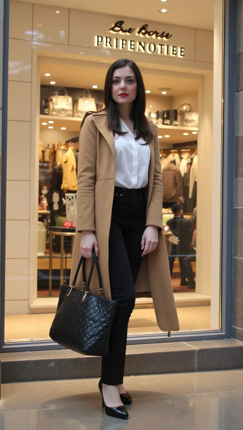 A beautiful woman poses in black jeans, black leather pumps, and carries a black quilted leather tote bag, draped in a camel coat, in a luxurious boutique storefront.